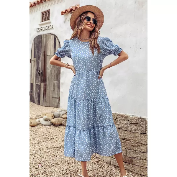 imagePRETTYGARDEN Womens Summer Casual Boho Dress Floral Print Ruffle Puff Sleeve High Waist Midi Beach DressesBlue