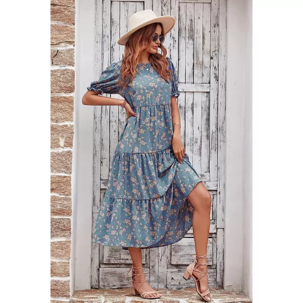 imagePRETTYGARDEN Womens Summer Casual Boho Dress Floral Print Ruffle Puff Sleeve High Waist Midi Beach DressesBlue Apricot