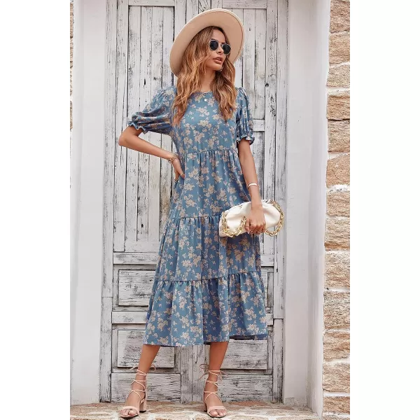 imagePRETTYGARDEN Womens Summer Casual Boho Dress Floral Print Ruffle Puff Sleeve High Waist Midi Beach DressesBlue Apricot