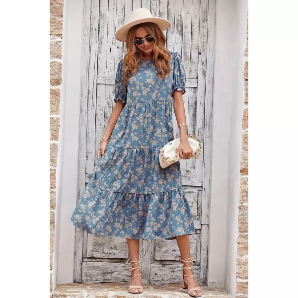 imagePRETTYGARDEN Womens Summer Casual Boho Dress Floral Print Ruffle Puff Sleeve High Waist Midi Beach DressesBlue Apricot