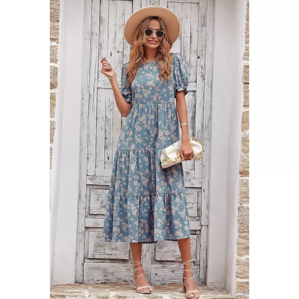 imagePRETTYGARDEN Womens Summer Casual Boho Dress Floral Print Ruffle Puff Sleeve High Waist Midi Beach DressesBlue Apricot