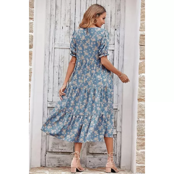 imagePRETTYGARDEN Womens Summer Casual Boho Dress Floral Print Ruffle Puff Sleeve High Waist Midi Beach DressesBlue Apricot