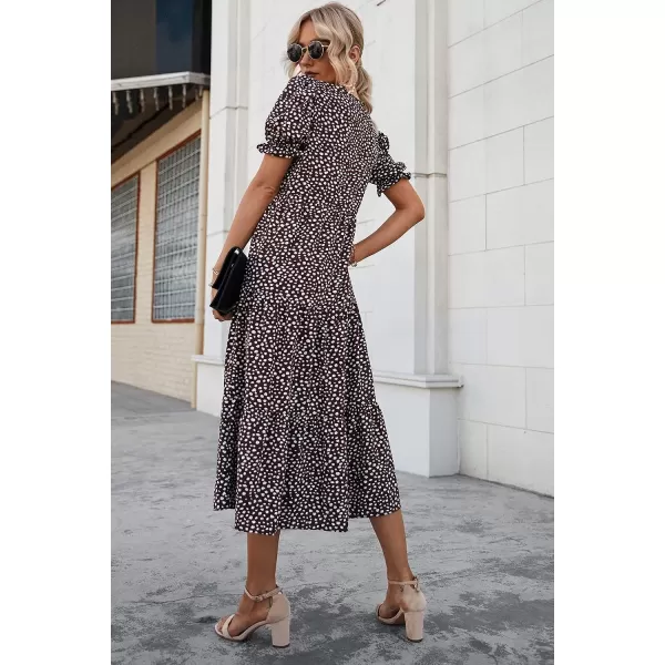 imagePRETTYGARDEN Womens Summer Casual Boho Dress Floral Print Ruffle Puff Sleeve High Waist Midi Beach DressesCoffee