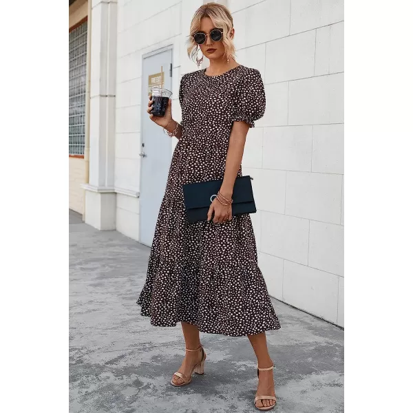 imagePRETTYGARDEN Womens Summer Casual Boho Dress Floral Print Ruffle Puff Sleeve High Waist Midi Beach DressesCoffee