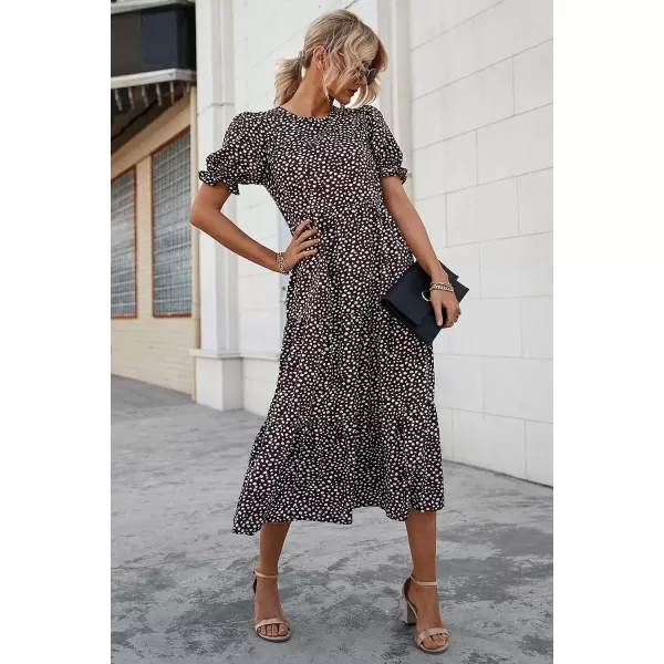 imagePRETTYGARDEN Womens Summer Casual Boho Dress Floral Print Ruffle Puff Sleeve High Waist Midi Beach DressesCoffee