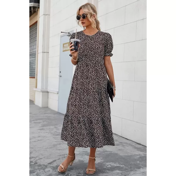 imagePRETTYGARDEN Womens Summer Casual Boho Dress Floral Print Ruffle Puff Sleeve High Waist Midi Beach DressesCoffee