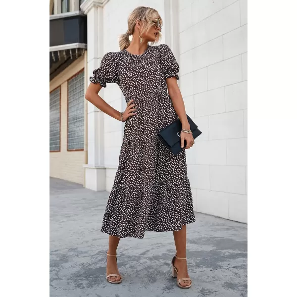 imagePRETTYGARDEN Womens Summer Casual Boho Dress Floral Print Ruffle Puff Sleeve High Waist Midi Beach DressesCoffee