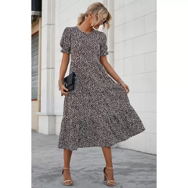 imagePRETTYGARDEN Womens Summer Casual Boho Dress Floral Print Ruffle Puff Sleeve High Waist Midi Beach DressesCoffee
