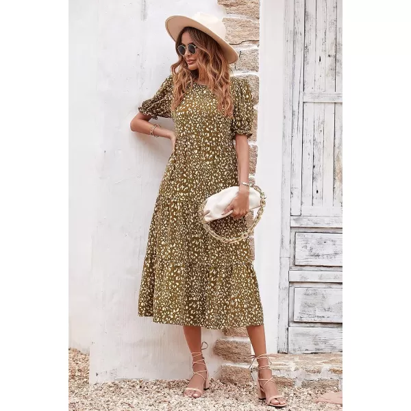 imagePRETTYGARDEN Womens Summer Casual Boho Dress Floral Print Ruffle Puff Sleeve High Waist Midi Beach DressesCoffee Apricot Leopard