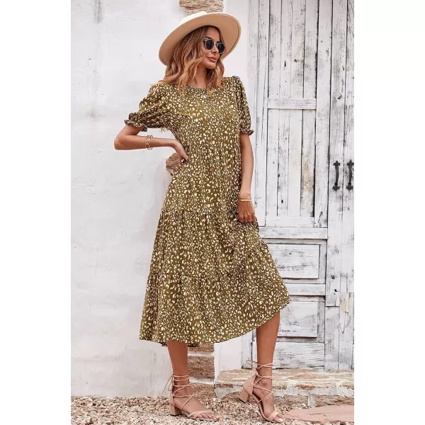 imagePRETTYGARDEN Womens Summer Casual Boho Dress Floral Print Ruffle Puff Sleeve High Waist Midi Beach DressesCoffee Apricot Leopard