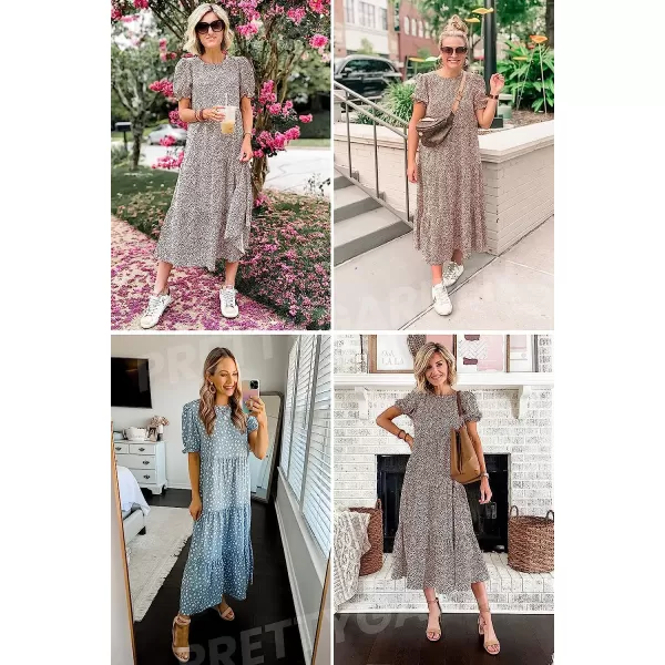 imagePRETTYGARDEN Womens Summer Casual Boho Dress Floral Print Ruffle Puff Sleeve High Waist Midi Beach DressesCoffee Apricot Leopard