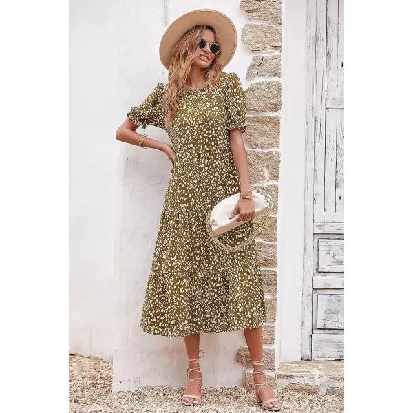 imagePRETTYGARDEN Womens Summer Casual Boho Dress Floral Print Ruffle Puff Sleeve High Waist Midi Beach DressesCoffee Apricot Leopard