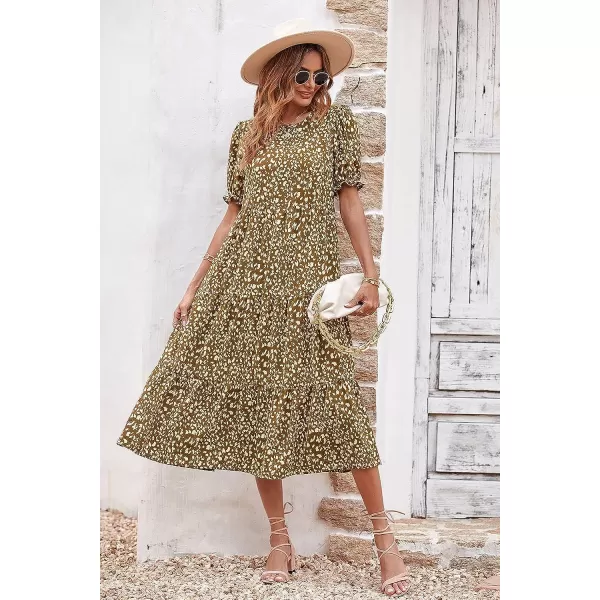 imagePRETTYGARDEN Womens Summer Casual Boho Dress Floral Print Ruffle Puff Sleeve High Waist Midi Beach DressesCoffee Apricot Leopard