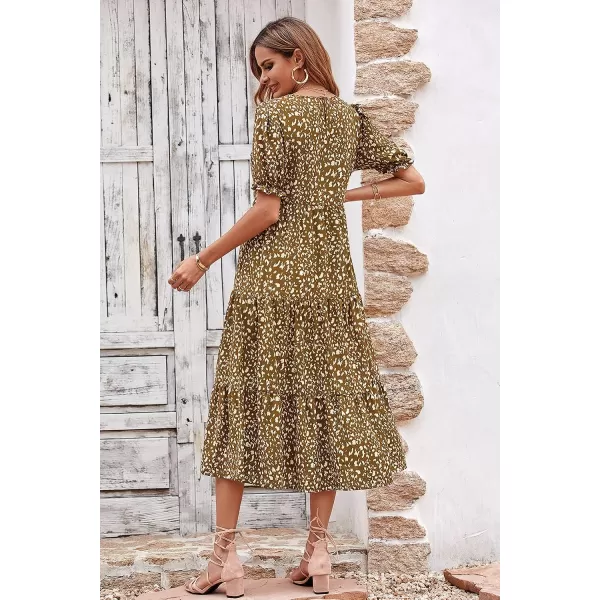 imagePRETTYGARDEN Womens Summer Casual Boho Dress Floral Print Ruffle Puff Sleeve High Waist Midi Beach DressesCoffee Apricot Leopard