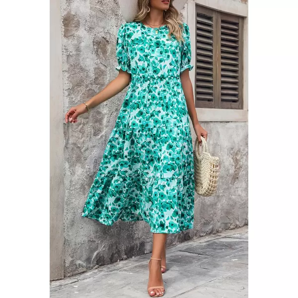 imagePRETTYGARDEN Womens Summer Casual Boho Dress Floral Print Ruffle Puff Sleeve High Waist Midi Beach DressesFloral Green