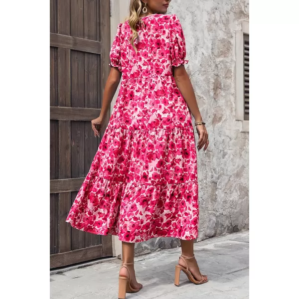 imagePRETTYGARDEN Womens Summer Casual Boho Dress Floral Print Ruffle Puff Sleeve High Waist Midi Beach DressesFloral Rose Red