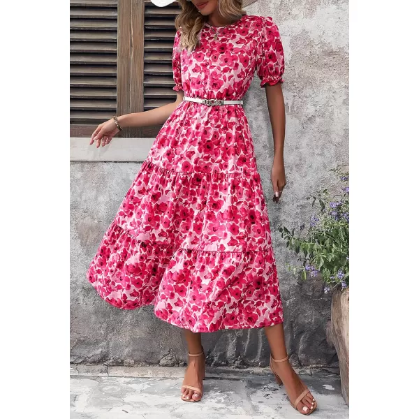 imagePRETTYGARDEN Womens Summer Casual Boho Dress Floral Print Ruffle Puff Sleeve High Waist Midi Beach DressesFloral Rose Red