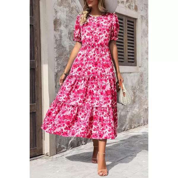 imagePRETTYGARDEN Womens Summer Casual Boho Dress Floral Print Ruffle Puff Sleeve High Waist Midi Beach DressesFloral Rose Red