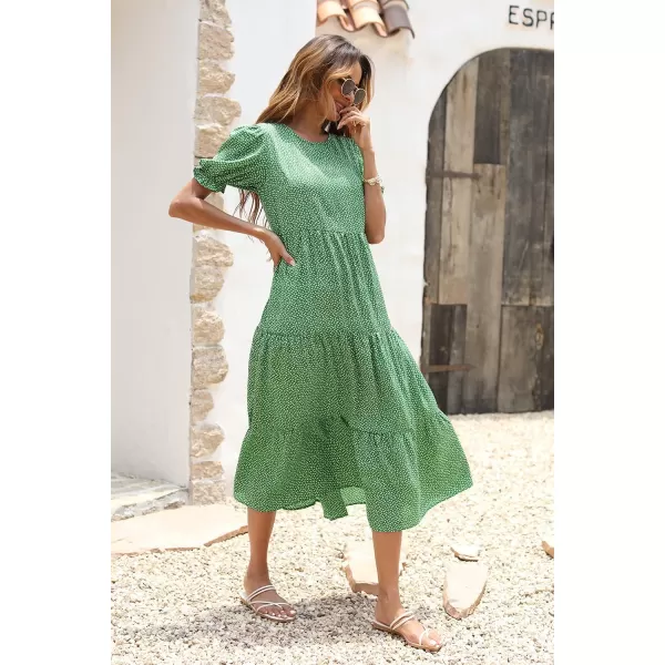 imagePRETTYGARDEN Womens Summer Casual Boho Dress Floral Print Ruffle Puff Sleeve High Waist Midi Beach DressesGreen