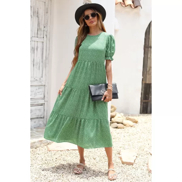 imagePRETTYGARDEN Womens Summer Casual Boho Dress Floral Print Ruffle Puff Sleeve High Waist Midi Beach DressesGreen