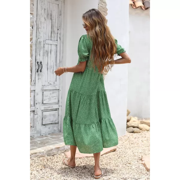 imagePRETTYGARDEN Womens Summer Casual Boho Dress Floral Print Ruffle Puff Sleeve High Waist Midi Beach DressesGreen