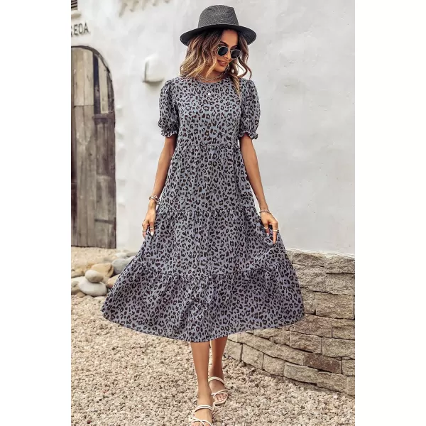 imagePRETTYGARDEN Womens Summer Casual Boho Dress Floral Print Ruffle Puff Sleeve High Waist Midi Beach DressesGrey Blue