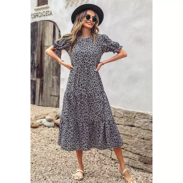 imagePRETTYGARDEN Womens Summer Casual Boho Dress Floral Print Ruffle Puff Sleeve High Waist Midi Beach DressesGrey Blue