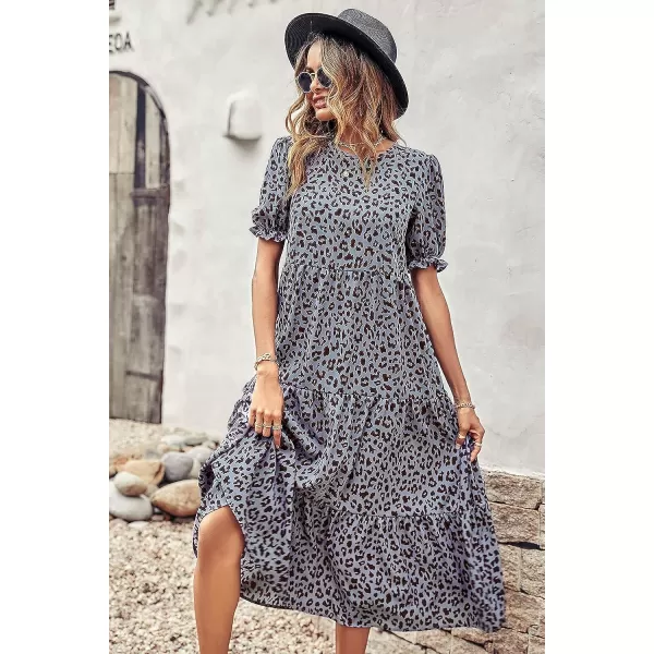 imagePRETTYGARDEN Womens Summer Casual Boho Dress Floral Print Ruffle Puff Sleeve High Waist Midi Beach DressesGrey Blue