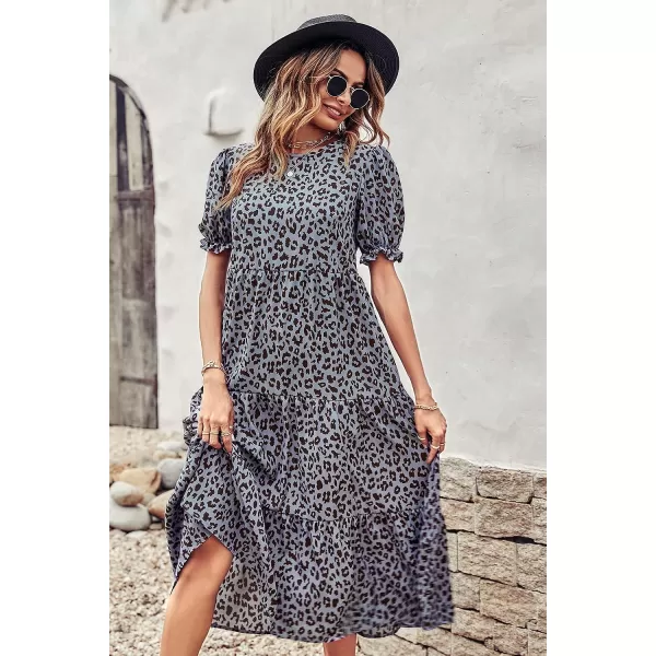 imagePRETTYGARDEN Womens Summer Casual Boho Dress Floral Print Ruffle Puff Sleeve High Waist Midi Beach DressesGrey Blue