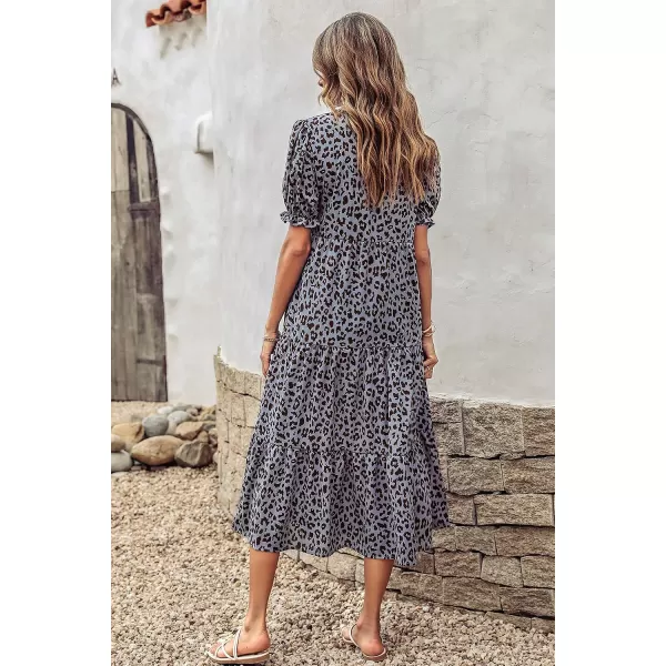 imagePRETTYGARDEN Womens Summer Casual Boho Dress Floral Print Ruffle Puff Sleeve High Waist Midi Beach DressesGrey Blue