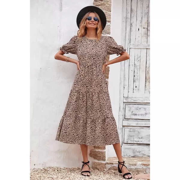 imagePRETTYGARDEN Womens Summer Casual Boho Dress Floral Print Ruffle Puff Sleeve High Waist Midi Beach DressesKhaki Black Leopard