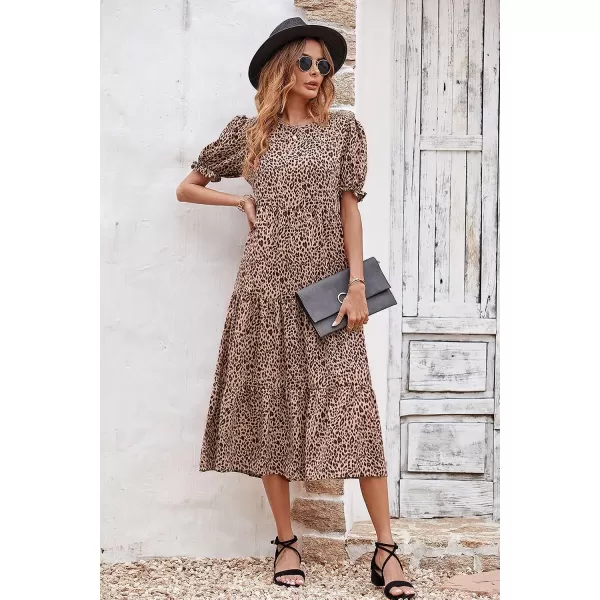 imagePRETTYGARDEN Womens Summer Casual Boho Dress Floral Print Ruffle Puff Sleeve High Waist Midi Beach DressesKhaki Black Leopard