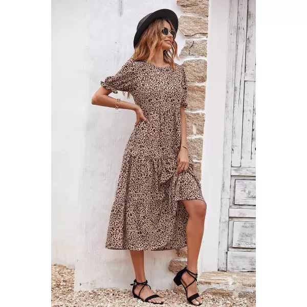 imagePRETTYGARDEN Womens Summer Casual Boho Dress Floral Print Ruffle Puff Sleeve High Waist Midi Beach DressesKhaki Black Leopard