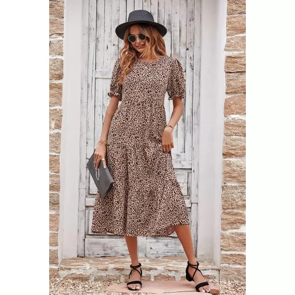 imagePRETTYGARDEN Womens Summer Casual Boho Dress Floral Print Ruffle Puff Sleeve High Waist Midi Beach DressesKhaki Black Leopard