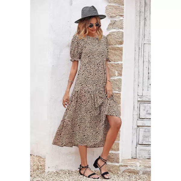 imagePRETTYGARDEN Womens Summer Casual Boho Dress Floral Print Ruffle Puff Sleeve High Waist Midi Beach DressesKhaki Black Leopard