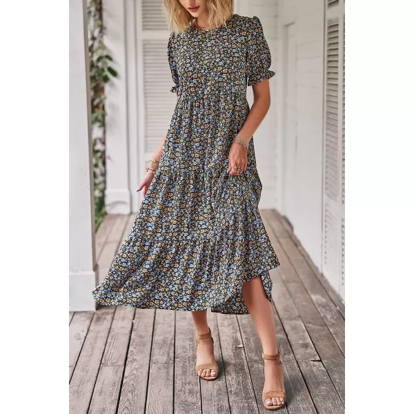imagePRETTYGARDEN Womens Summer Casual Boho Dress Floral Print Ruffle Puff Sleeve High Waist Midi Beach DressesNavy Floral