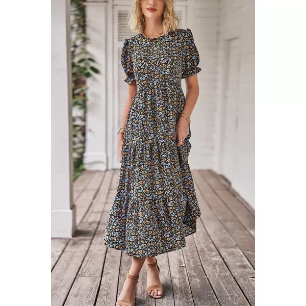 imagePRETTYGARDEN Womens Summer Casual Boho Dress Floral Print Ruffle Puff Sleeve High Waist Midi Beach DressesNavy Floral