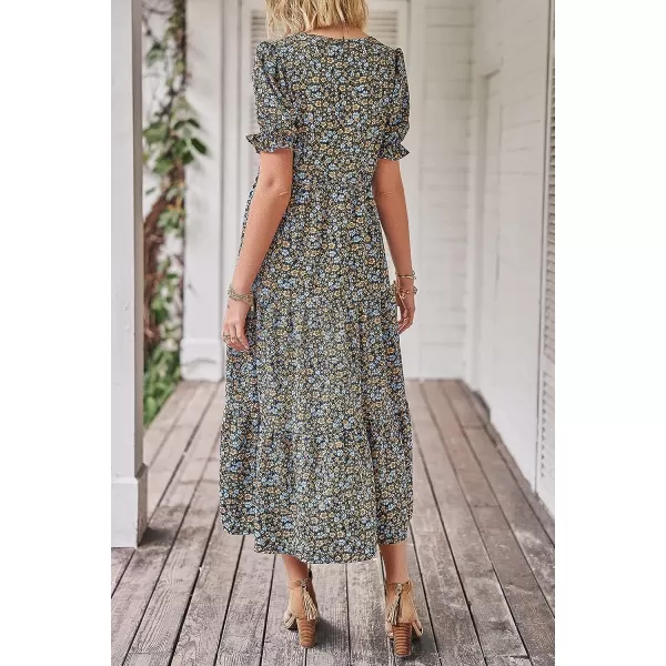 imagePRETTYGARDEN Womens Summer Casual Boho Dress Floral Print Ruffle Puff Sleeve High Waist Midi Beach DressesNavy Floral