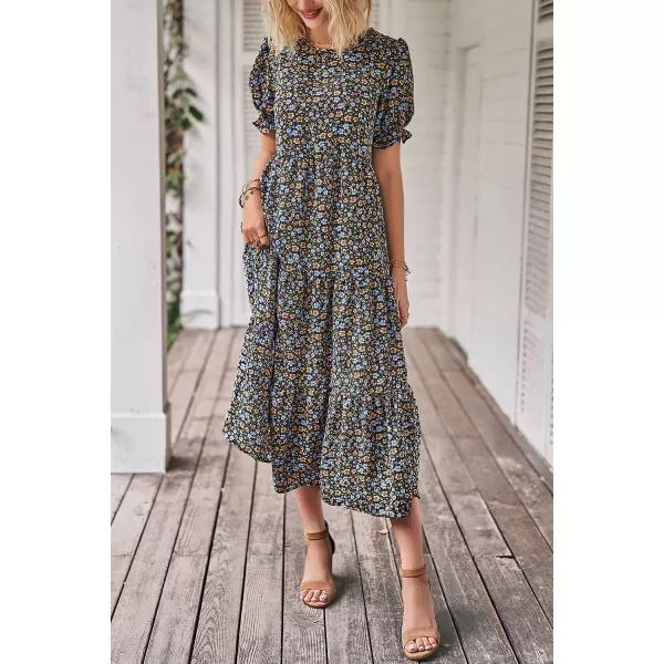 imagePRETTYGARDEN Womens Summer Casual Boho Dress Floral Print Ruffle Puff Sleeve High Waist Midi Beach DressesNavy Floral