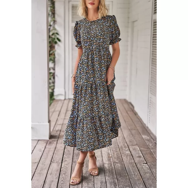 imagePRETTYGARDEN Womens Summer Casual Boho Dress Floral Print Ruffle Puff Sleeve High Waist Midi Beach DressesNavy Floral