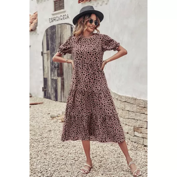 imagePRETTYGARDEN Womens Summer Casual Boho Dress Floral Print Ruffle Puff Sleeve High Waist Midi Beach DressesPink