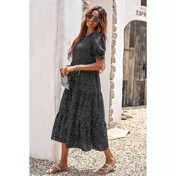 imagePRETTYGARDEN Womens Summer Casual Boho Dress Floral Print Ruffle Puff Sleeve High Waist Midi Beach DressesPolk Black