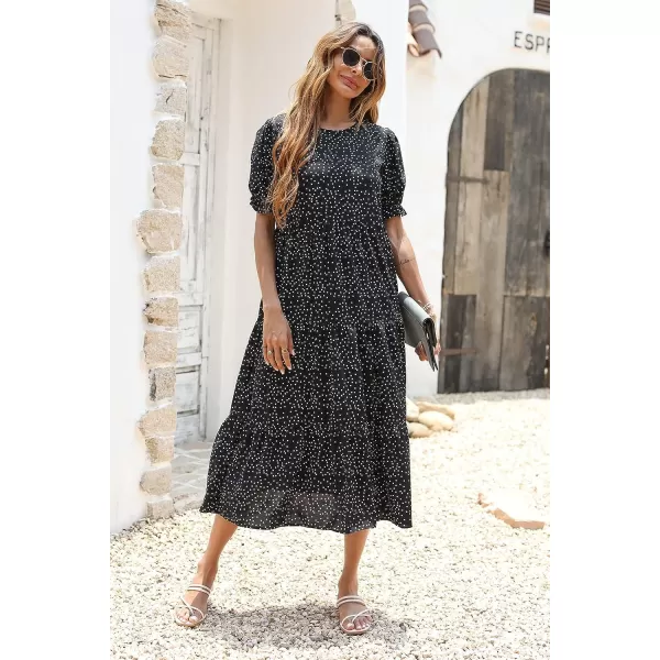 imagePRETTYGARDEN Womens Summer Casual Boho Dress Floral Print Ruffle Puff Sleeve High Waist Midi Beach DressesPolk Black