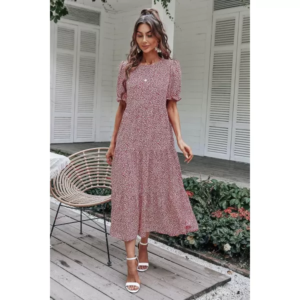 imagePRETTYGARDEN Womens Summer Casual Boho Dress Floral Print Ruffle Puff Sleeve High Waist Midi Beach DressesRed