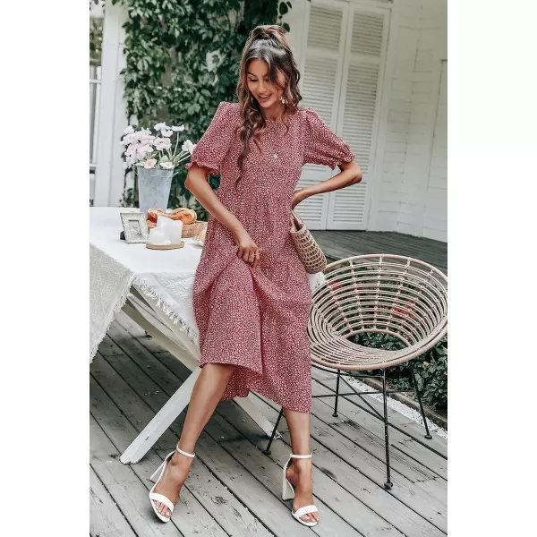imagePRETTYGARDEN Womens Summer Casual Boho Dress Floral Print Ruffle Puff Sleeve High Waist Midi Beach DressesRed