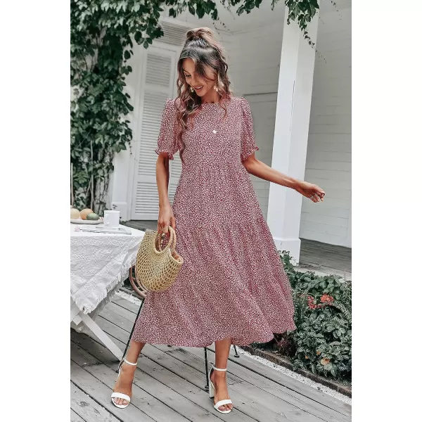 imagePRETTYGARDEN Womens Summer Casual Boho Dress Floral Print Ruffle Puff Sleeve High Waist Midi Beach DressesRed