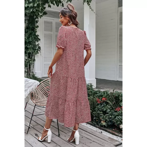 imagePRETTYGARDEN Womens Summer Casual Boho Dress Floral Print Ruffle Puff Sleeve High Waist Midi Beach DressesRed