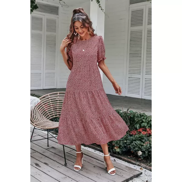 imagePRETTYGARDEN Womens Summer Casual Boho Dress Floral Print Ruffle Puff Sleeve High Waist Midi Beach DressesRed