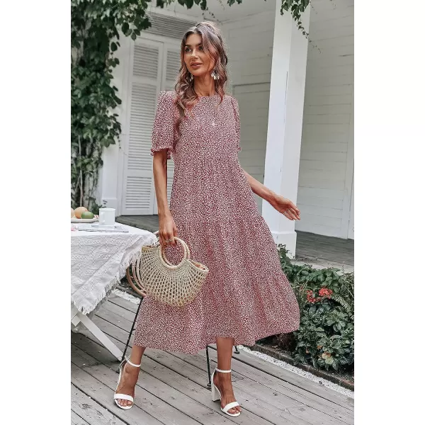 imagePRETTYGARDEN Womens Summer Casual Boho Dress Floral Print Ruffle Puff Sleeve High Waist Midi Beach DressesRed