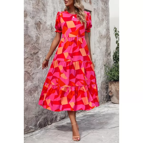 imagePRETTYGARDEN Womens Summer Casual Boho Dress Floral Print Ruffle Puff Sleeve High Waist Midi Beach DressesRed Block